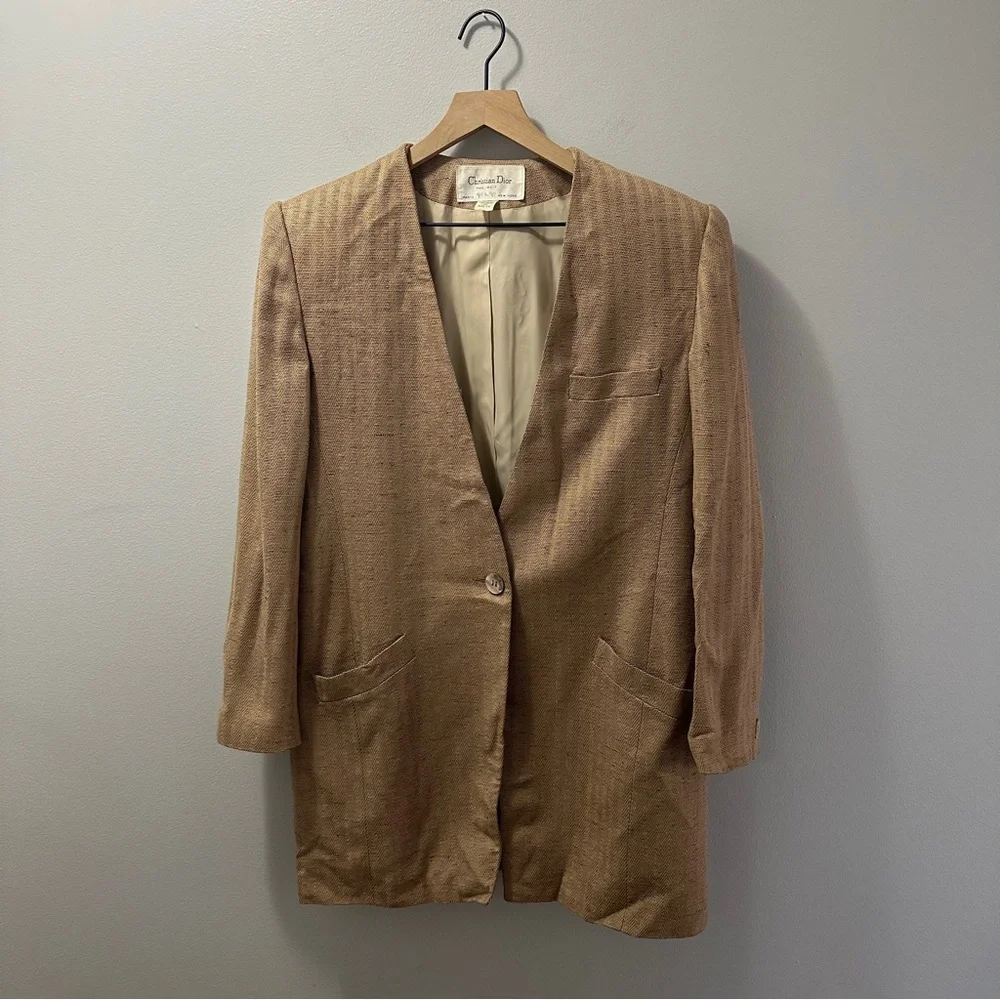 Vintage Christian Dior 1980s Tweed Blazer Classic Tailored Pockets Size 14
